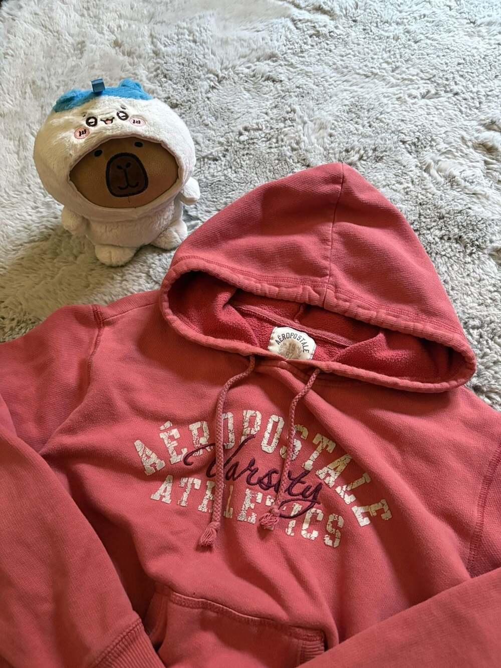 Aeropostale Varsity Athletics Pullover Hoodie in Coral Pink